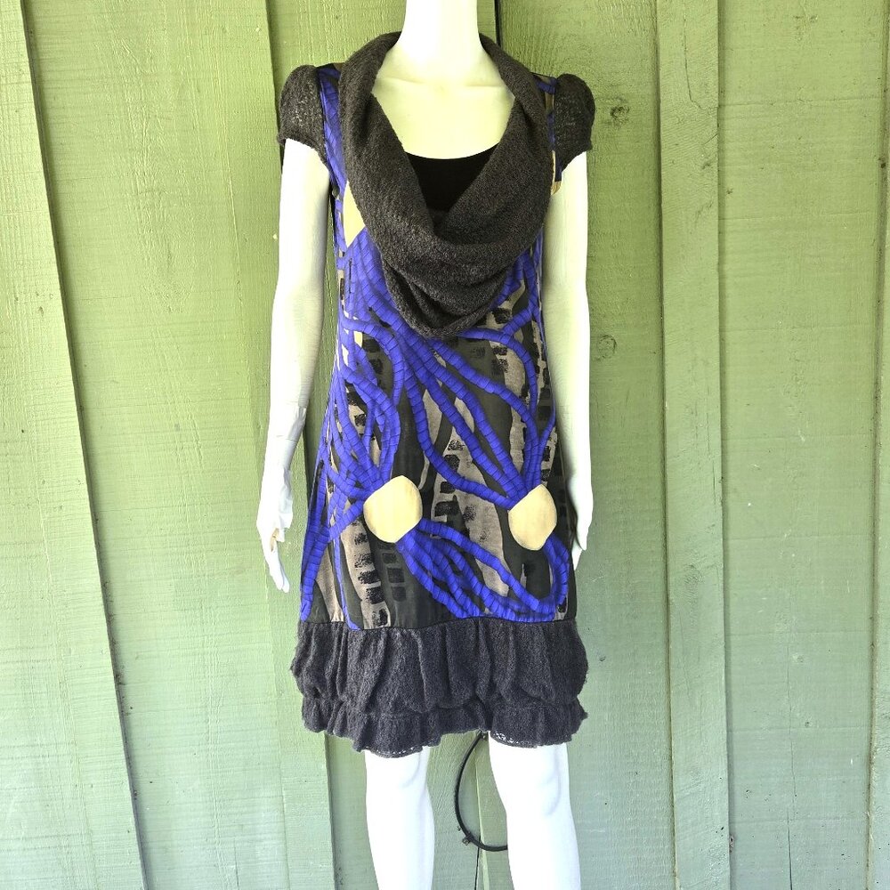 ROBERTO NALDI Italy Gray Knit Silky Blue Dress 10